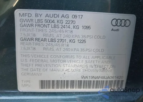 2018 Audi A4 Allroad 2.0T Premium/2.0T Tech Premium z USA, uszkodzony, nr VIN WA19NAF48JA061420